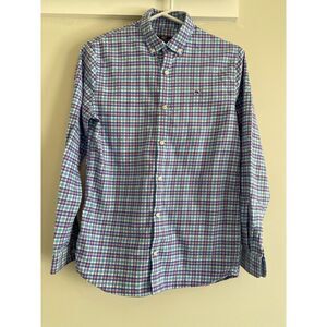 Vineyard Vines Whale Shirt Boys XL (18) Blue Pink Plaid Long Sleeve Button Down